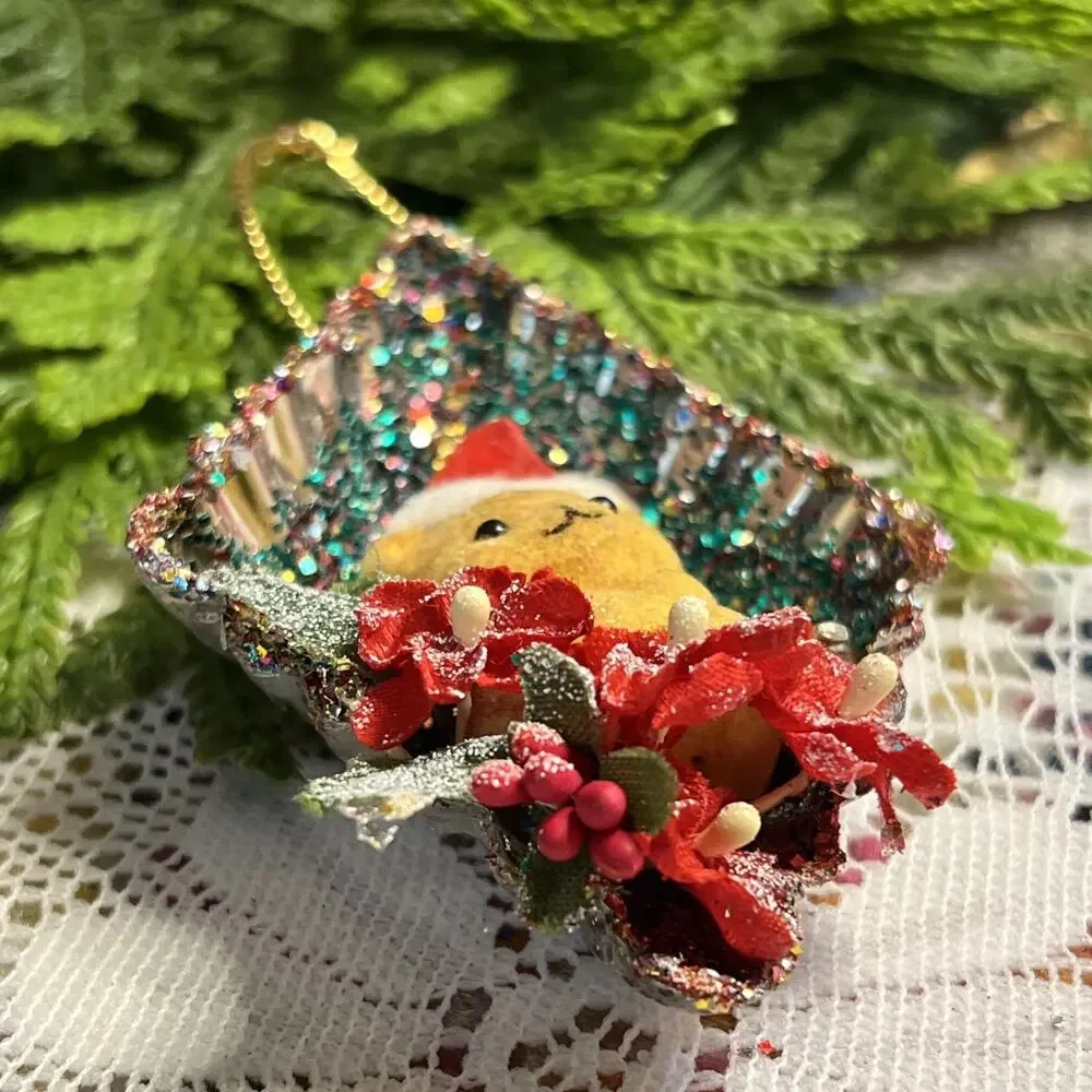 Vintage Diamond Tart Tin Flocked Fuzzy Bear Diorama Mid Century Glitter Ornament